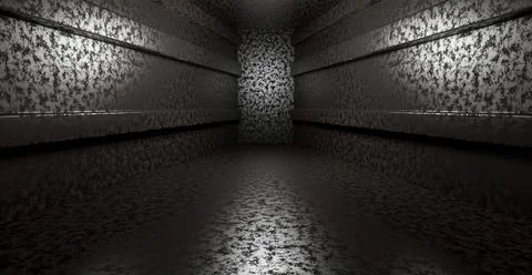 Rustic rusty metal wall on metal ground with ray of spot light. 3d Render Stock Illustration