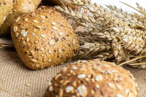 Rustic rye. Fresh loaf of rustic traditional bread with wheat grain ear or sp Stock Photos