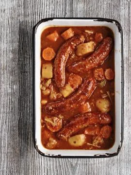 Rustic sausage casserole Stock Photos