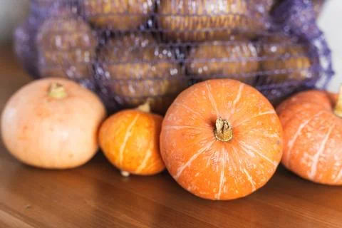 A rustic scene featuring a mesh bag filled with fresh potatoes and ripe pumpk Foto stock