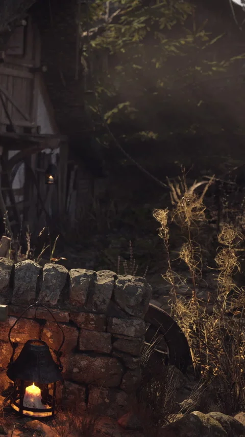 Rustic scene with stone wall and wheel near a wooden house in the woods Stock Footage 339041863