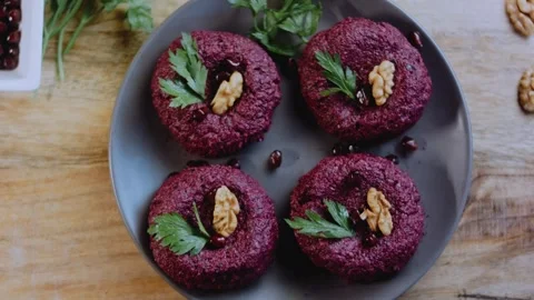 Rustic serving detail: capturing walnut and beet texture Stock Footage 342200473