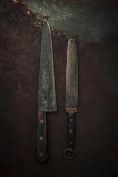 Rustic set of kitchen knife and knife sharpener with wooden handle Photos