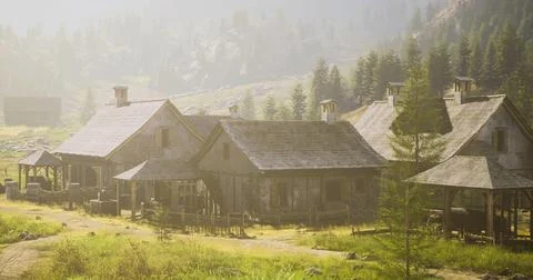 Rustic settlement surrounded by misty mountains in the early morning light Ilustración de archivo