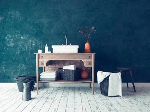 Rustic simple bathroom interior decor. 3d render Stock Illustration