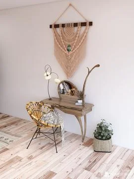 Rustic solid wood dressing table with rattan chair lamp macrame on the wall Stock Photos