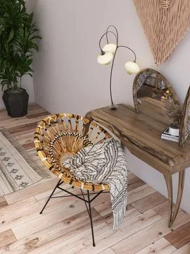 Rustic solid wood dressing table rattan chair flowerly gently bent lamp Stock Photos