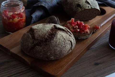 Rustic Sourdough Bread with Fresh Tomato Bruschett Stock Photos