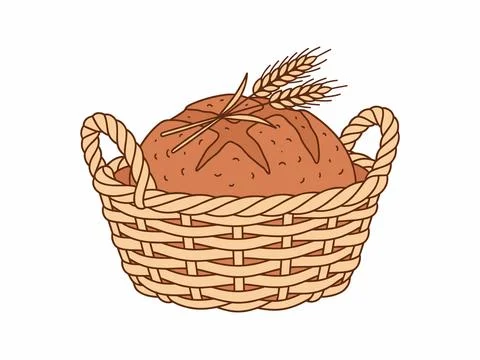 Rustic Sourdough Bread Loaf in Wicker Basket Wheat Farmhouse Clipart Stock Illustration