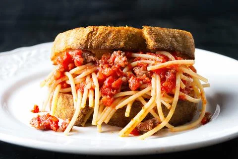 Rustic spaghetti bolognese sandwich Stock Photos