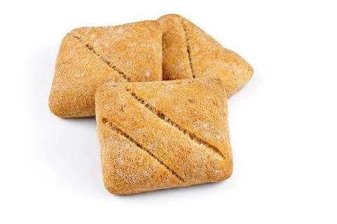 Rustic square cereal rolls, individual crusty bread isolated on a white backgrou Stock Photos