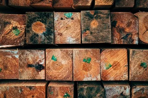 Rustic stack of solid wooden beams with visible tree rings, knots, cracks a.. 스톡 사진