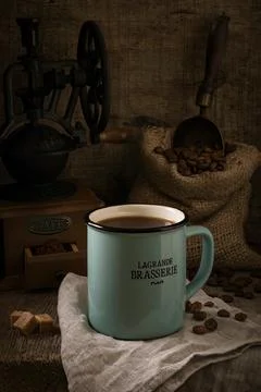 Rustic still life with coffee on the rough wooden background Stock Photos