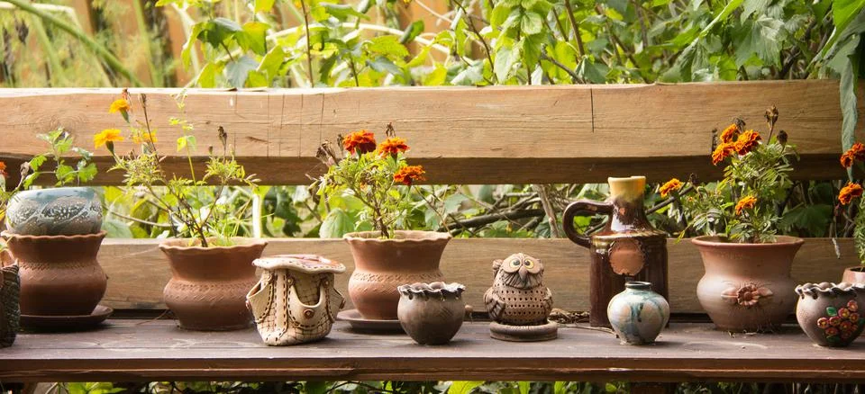 Rustic still life. decorative ceramic flowerpots on the wood Stock Illustration
