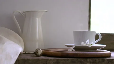Rustic still life. female hand pours a cup of yogurt Stock Footage 67765432