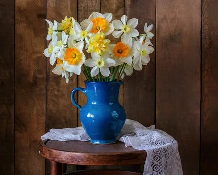 Rustic still life with spring daffodils in blue ceramic jug on wooden stool w Stock Photos