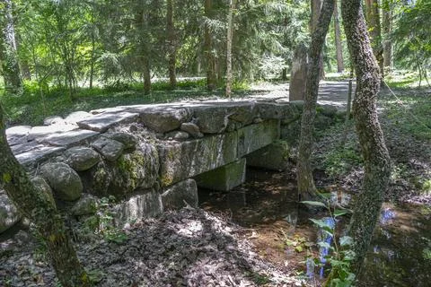 Rustic Stone Bridge in the Finnish Forest of Rascafra Stock Photos