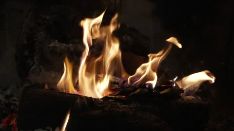 Rustic Stone Fireplace with Burning Wood Video stock 331710388