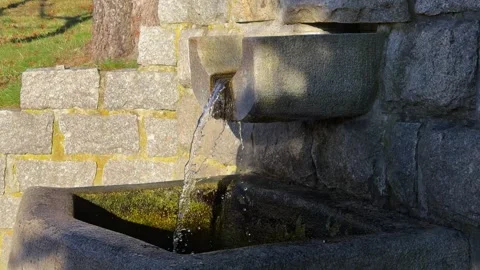 A rustic stone fountain pours clear water into a basin in a sunlit garden, Stock Footage 345745548