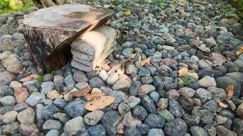 Rustic stone garden path featuring a handmade wooden log Fotos de archivo