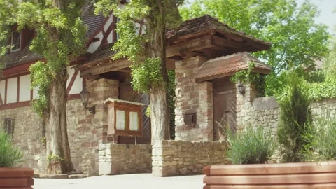 Rustic Stone House With Half Timbered Facade, Sunny Courtyard, Static Shot Vidéo 341432749