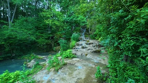 Rustic stone steps descend through emerald foliage. Bigar Cascades Serbia Stockbeeldmateriaal 344596133