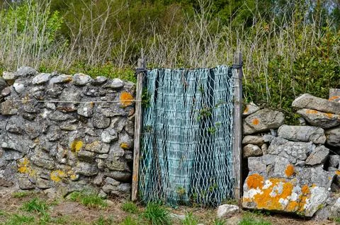 Rustic Stone Wall With Handmade Woven Gate in Countryside Setting Stock Photos