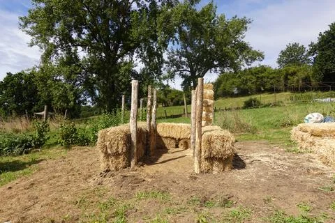 Rustic Straw Bale Seating in Countryside Field Stock Photos