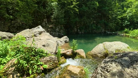 Rustic stream flows over mossy stones. Gradasnica River Canyon, Serbia Stock Footage 342320453