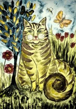 Rustic striped ginger cat with tree of life Stock Illustration