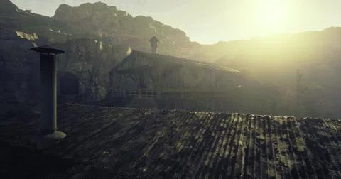 Rustic structure nestled in a mountainous landscape during sunrise Ilustración de archivo