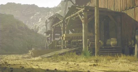 Rustic structures near dusty path in a mountainous region during golden hour 库存插图