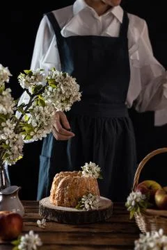 Rustic style apple bundt cake with powdered sugar. Woman and cake Stock Photos