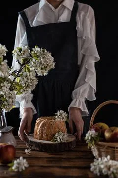 Rustic style apple bundt cake with powdered sugar. Woman holding cake Foto stock