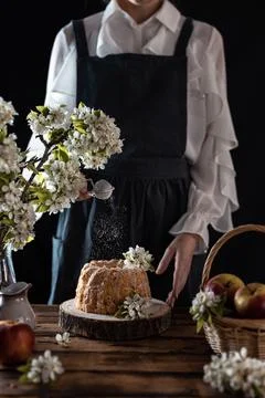 Rustic style apple bundt cake with powdered sugar. Woman sprinkles icing suga Stock Photos