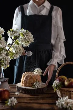 Rustic style apple bundt cake with powdered sugar. Woman sprinkles icing suga Stock Photos