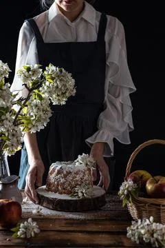 Rustic style apple bundt cake with powdered sugar. Woman holding cake Foto stock