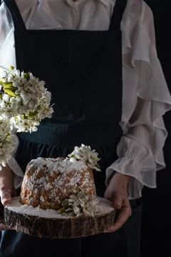 Rustic style apple bundt cake with powdered sugar. Woman holding cake Stock Photos