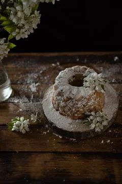 Rustic style apple bundt cake with powdered sugar on old wooden table Stock Photos