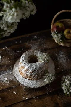 Rustic style apple bundt cake with powdered sugar on old wooden table Stock Photos