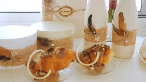 Rustic style White Candy Bar Wedding, wedding pastries on sweet table candy buff Stock Footage 124067017