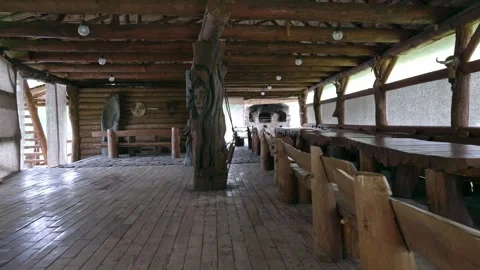 Rustic Summer House by Lake - Interior Wooden Carvings Stock Footage 278184902
