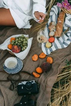 Rustic summer picnic flat lay with fruit, baguette, macarons and vintage camera Stock Photos