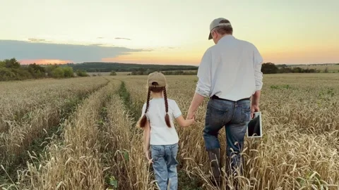 Rustic sunset walk with family, embracing the countryside life, father and Stock Footage 313211550