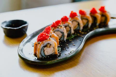 Rustic sushi on a wooden table Stock Photos