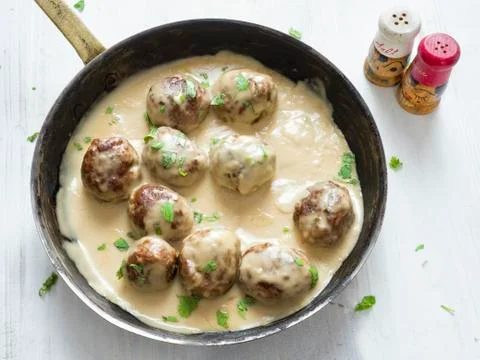 Rustic swedish meatballs in a pan Stock Photos