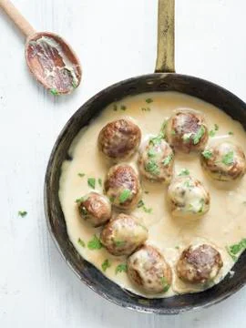 Rustic swedish meatballs in a pan Stock Photos
