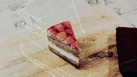Rustic sweet serving view: showing a strawberry jelly cake slice Stock Photos