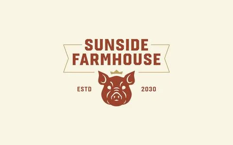 Rustic swine head crown banner badge vector logo template delivers traditiona Stock Illustration