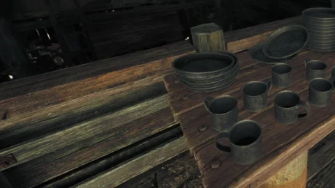 Rustic Table Adorned With Vintage Dishware in an Old Wooden Setting Stock Footage 344540442